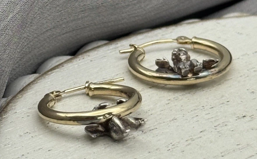 Vintage 14k & 925 Cherubs Hoop Earrings 2G / 0.6in - Image 3 of 4