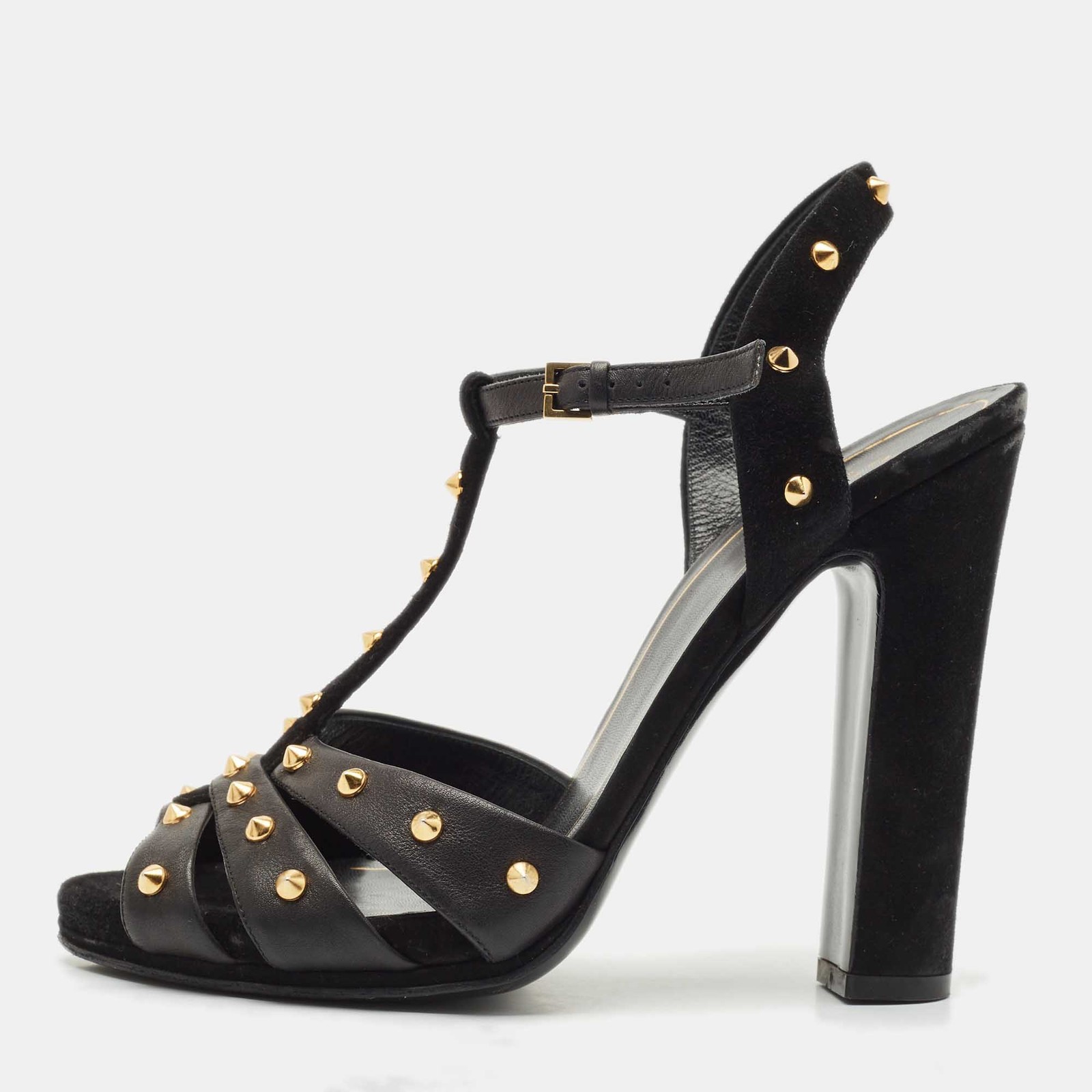 Gucci Black Suede and Leather Studded Ankle Strap Sandals Size 38
