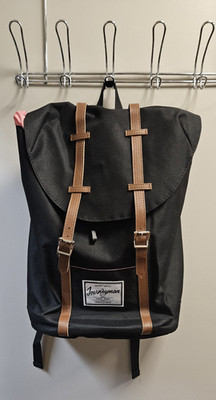 Journeyman Black Backpack Brown Buckle Straps Adjustable Strap Solid