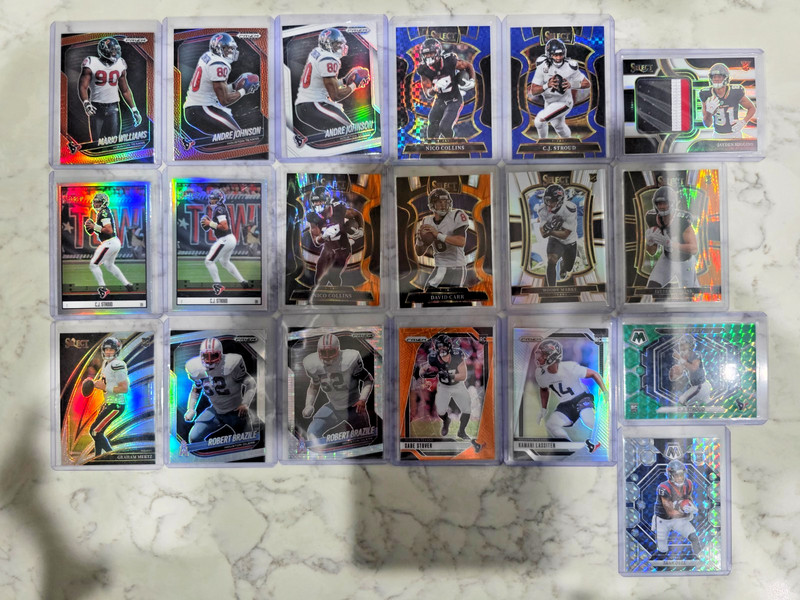 TEXANS 19 CARD LOT, CJ STROUD, COLLINS,HIGGINS,RC'S, PARALLEL PRIZM, #'D, VETS,