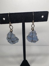 Vintage Artisan Sterling Silver Wire Wrapped Blue Sea Glass Dangle Drop Earrings