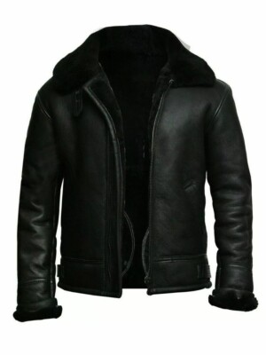 B3 RAF Black Bomber Flying Aviator Fur Irvin Real Leather Shearling Mens Jacket
