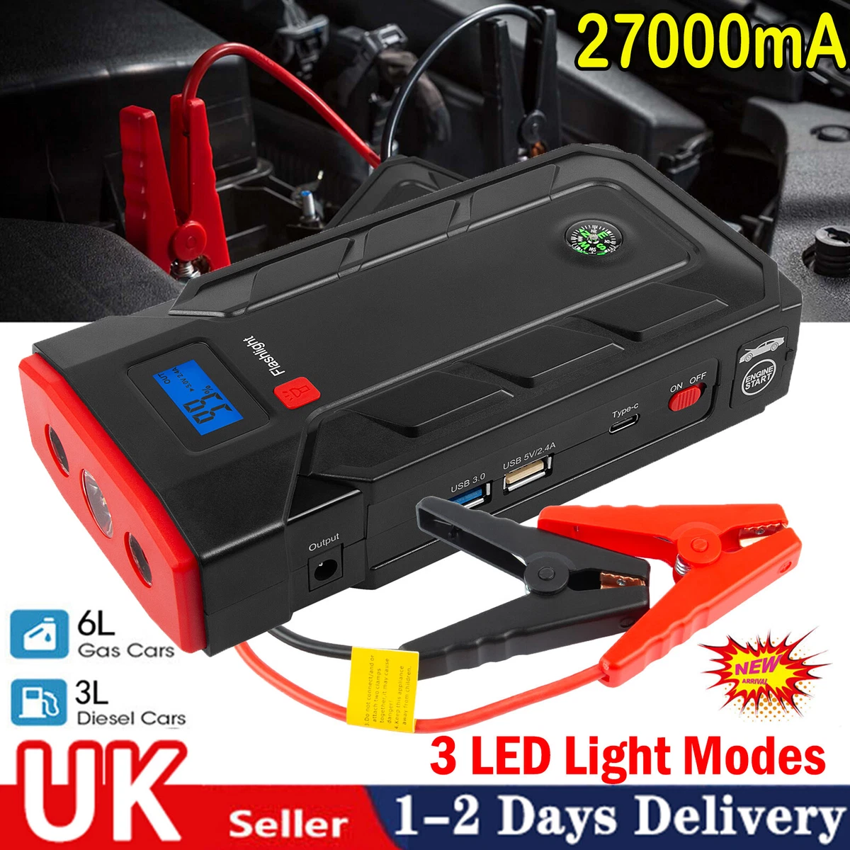 27000mAh Portable USB Car Jump Starter Pack Booster Battery