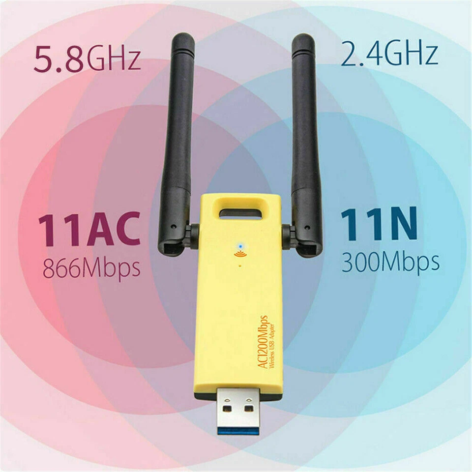 USB 3.0 1200Mbps Long Range AC1200 Dual Band 5GHz Wireless WiFi Adapter Antennas - Image 2 of 4