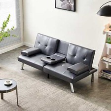 Sofa Bed Luxury PU Leather Manhattan 3 Seater Chrome Legs Recliner Settee Grey