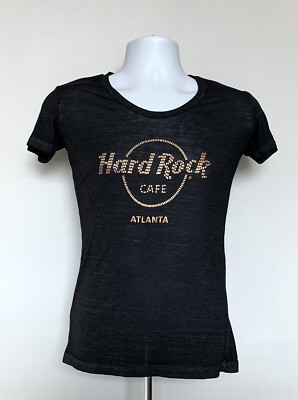 Hard Rock Cafe Atlanta T Shirt Womens XS Copper Bling Logo Black Cotton Poly Mix