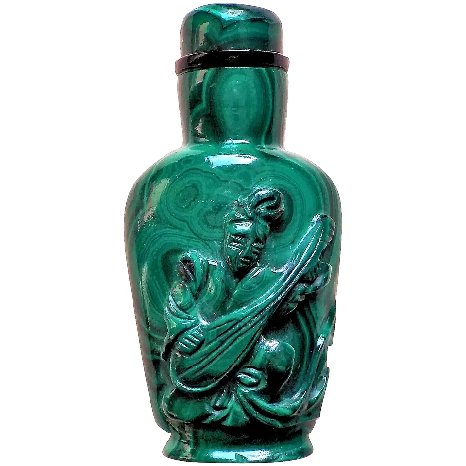 Botella de tabaco de músico de malaquita tallada a mano china vintage de 1900 con tapa Foto 4 de 4