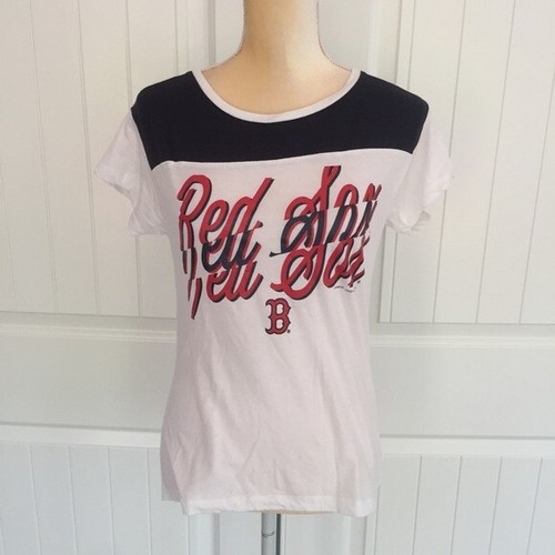 Boston Red Sox Women's MLB Baseball White Scoop Neck Shirt Glitter Logo Size S - Picture 2 of 12