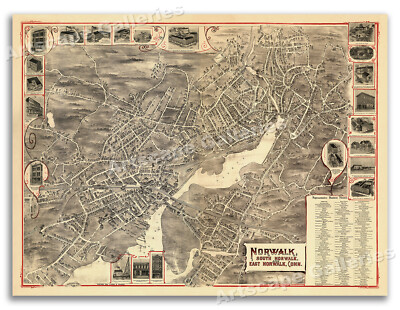 1899 Norwalk Connecticut Vintage Old Panoramic City Map - 24x32