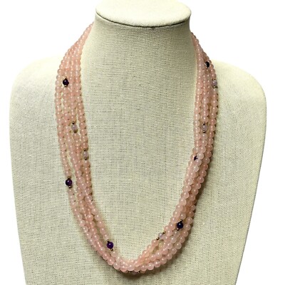 Rose Quartz Necklace with Amethyst & Gold Tone Spacer Accents 4 Strands & 24 In