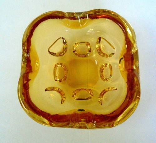 Vintage Murano Art Glass Amber Large Controlled bubble Ashtray 6"x6" - Picture 2 of 5