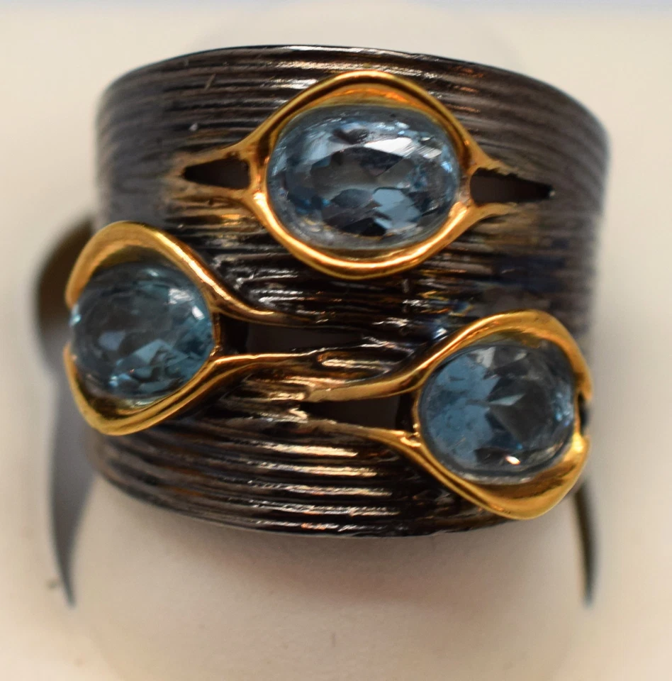 Anillo Topacio Negro Rodio Plata de Ley .925 Topacio Banda Ancha Foto 2 de 4