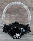 Fenton Basket Black  Art Glass Hand Painted  Accent Twist Handle Ruffle Signed