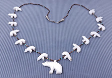 Vintage Native American Indian Fetish White Quartz Bears Necklace 26"