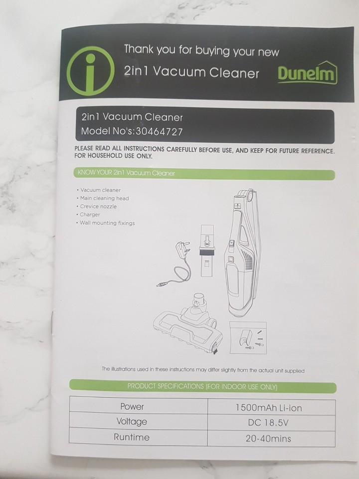 Dunelm 2 in 1 Lightweight Cordless Vacuum Cleaner/Handheld With Tools
