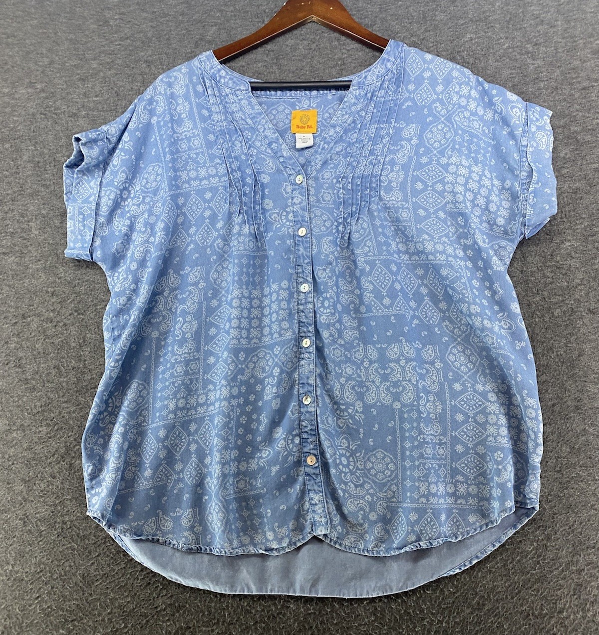 Ruby Rd. Chambray Button Up Short Sleeve Paisley … - image 1