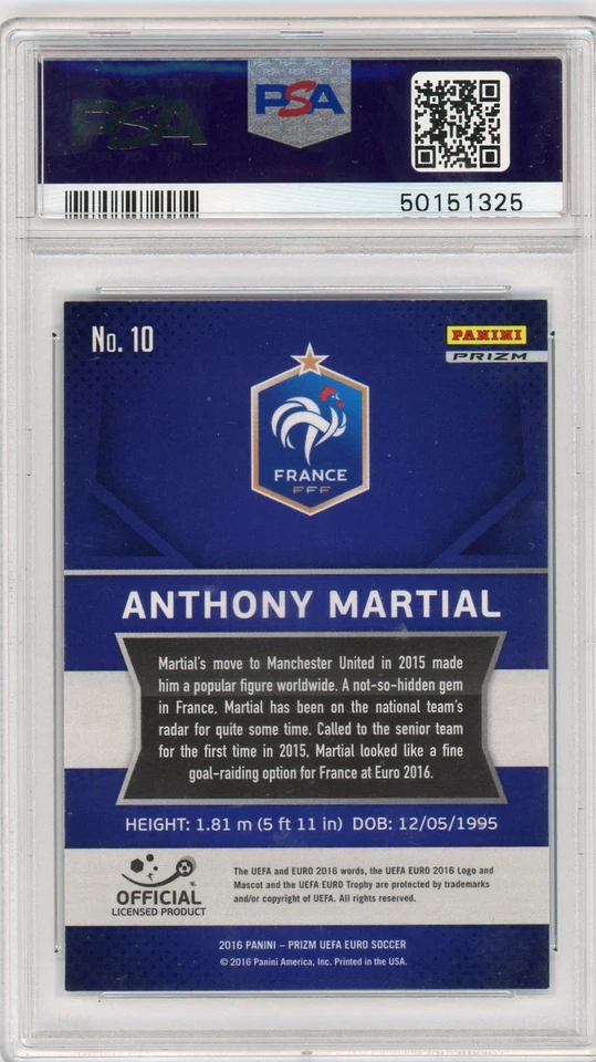 2016 Panini Prizm UEFA #10 Anthony Martial Red & Light Blue Prizm PSA 9 - Image 2 of 2