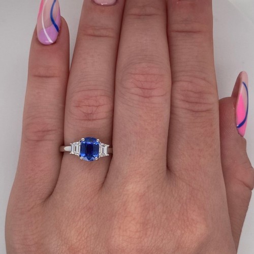 1.70 Ct Cushion Cut Blue Sapphire Lab Created Diamond Wedding Ring 950 Platinum - Picture 7 of 13