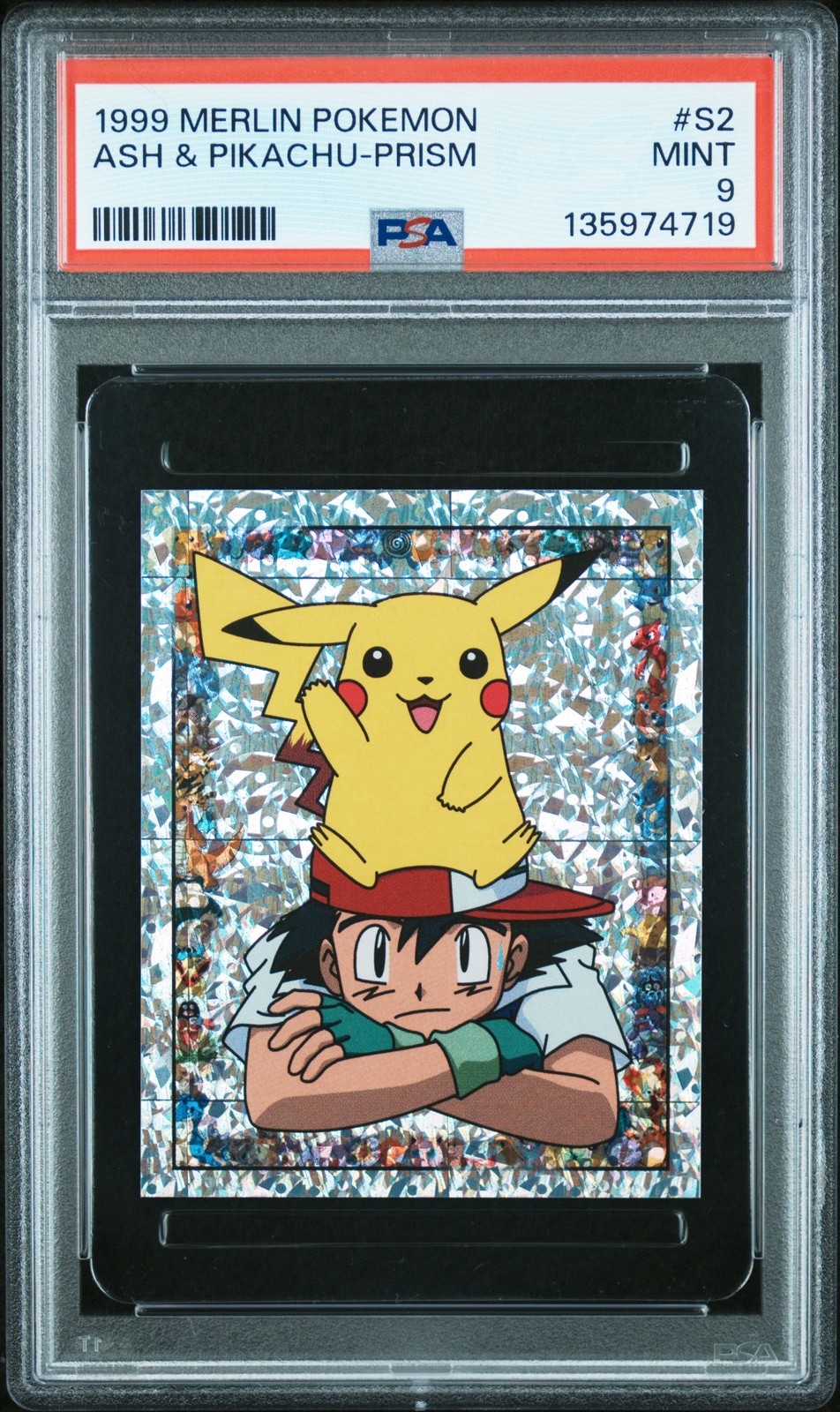 1999 MERLIN POKEMON #S2 ASH & PIKACHU-PRISM PSA 9