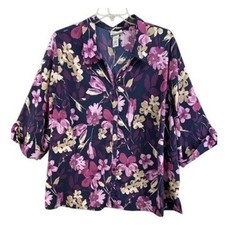 Catherines Shirt Womens 3X Navy Purple Floral Button Up Roll Tab Sleeve Blouse