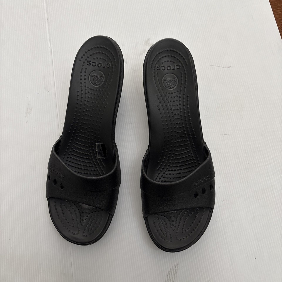 Women’s Sz 10 Black Crocs “Kadee” Open Toe, Wedged Heeled Mules