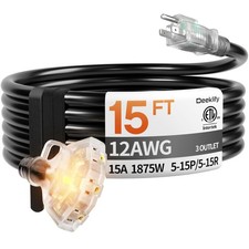 Best 15 ft 12 Gauge Heavy Duty 3 Outlet Extension Cord Splitter with Indicator
