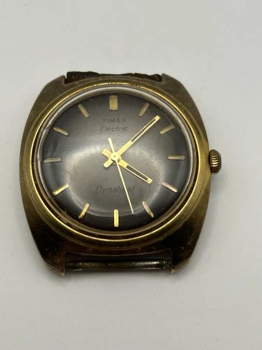 Vintage Timex Electric Dynabeat Watch Mens Gold Tone Base Metal Parts Repair