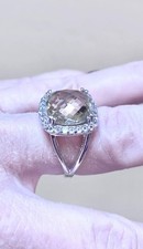 Beautiful Designer Sterling Silver Checkerboard Faceted Quartz Crystal Halo Ring