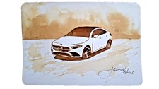Original Mercedes car painted with coffee 5.5x8.3 inch.
