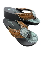 Montana West Brown Flip Flops with Braided Straps and Rhinestone Concho NIB