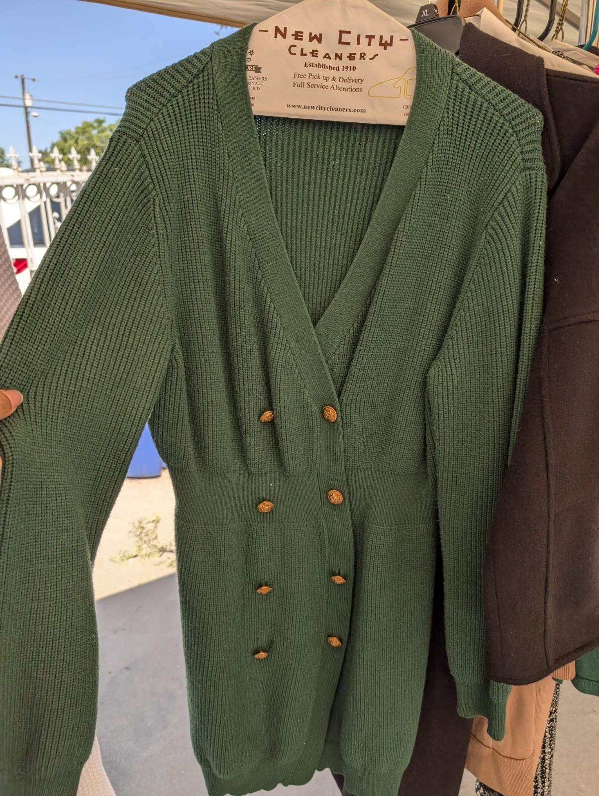 Green Knit Sweater Dress Button V-Neck Long Sleeve Knee Length Women’s M