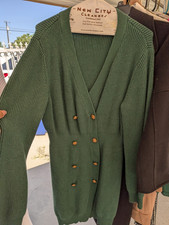 Green Knit Sweater Dress Button V-Neck Long Sleeve Knee Length Women’s M