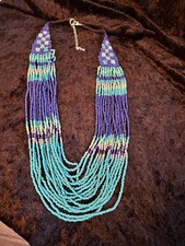 Turquoise Multi Strand Seed Bead Blue Necklace and Earrings 33 