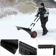 Heavy-Duty Snow Pusher with Wheels, Adjustable Handle & 5-Position Angle