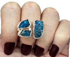 Raw Blue Apatite Ring, Three Stone Ring, Size 9 1/2, Sterling Silver, Raw Gems