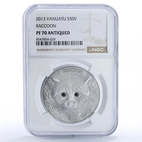 Vanuatu 50 vatu Raccoon Forest Animals Fauna PF70 NGC silver coin 2013