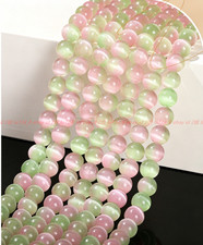 Pretty 8mm Pink Green Double Color Cat Eye Gems Round Loose Beads 15in Strand