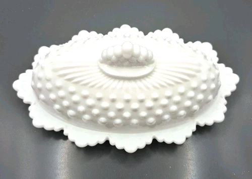 Vintage Fenton White Milk Glass Hobnail Oval Covered Butter Dish W Crown Top