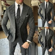 Gray Wool Men's Suits Peak Lapel Formal Business Wedding Groom Tuxedo 3 Pieces