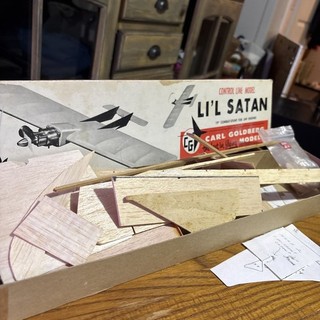VTG Carl Goldberg Jr. Satan Balsa Control Line Box Instructions and scrap Balsa