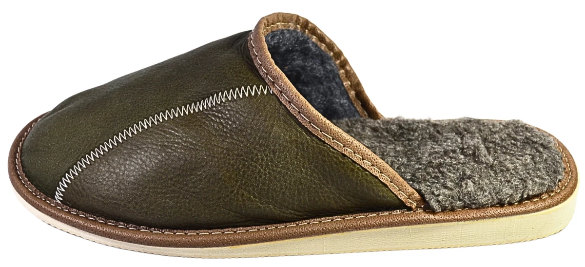 Herren Leder Hausschuhe Schlappen Olive Lammwolle Pantoffeln Latschen Gr. 40-47