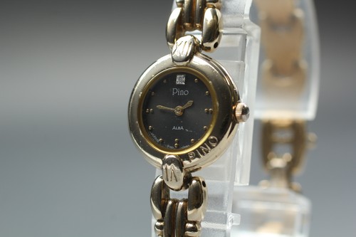 2000 [Exc+5] Seiko Alba Pino Y150-0C80 Black Gold Diamonds 20mm Qz Ladies Watch