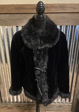 Utex Design Faux Beaver & Faux Fox Fur Black Coat Jacket Large Tie Front Lined