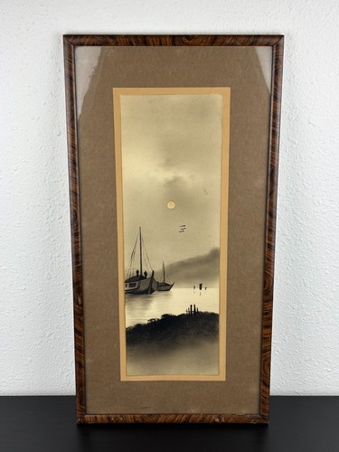 Antique Japanese Landscape Painting Mountain & Boats - Picture 3 of 10