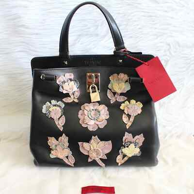Valentino Joylock Black Leather Floral Applique Rockstud Satchel