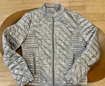 Guess Womens Vona Quilted Logo Jacket With Pockets &  Zippers. Silver Large. NWT