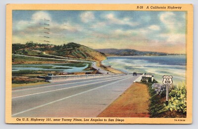 US Highway 101 Torrey Pines La Jolla San Diego California CA c1940s Postcard
