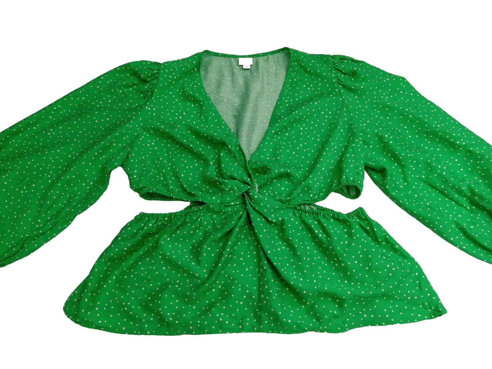 New Day Women's XXL Green & White Polka Dot V-Neck Puff Sleeve Blouse with Cutout Detail
