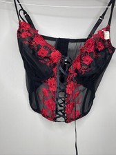 Vtg Secret Treasures Red Black Lace Flowers Bustier Size 42DD NWT