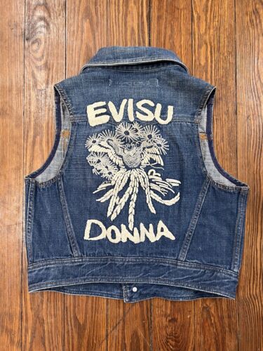 EVISU DONNA DENIM VEST JEAN JACKET EMBROIDERED CHAIN STITCH LOGO SIZE L - Picture 1 of 7